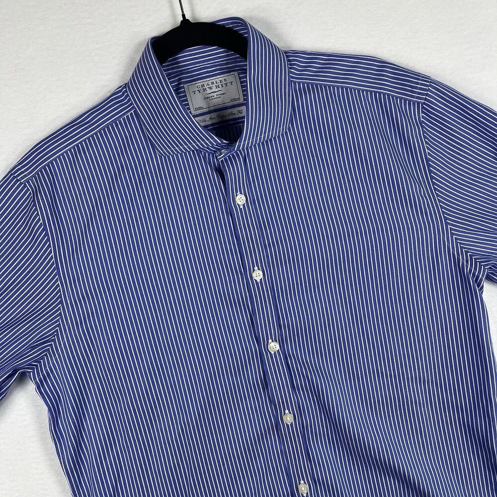 Charles Tyrwhitt Mens 16.5 36 Extra Slim Fit Non-Iron Bengal Stripe Blue Shirt